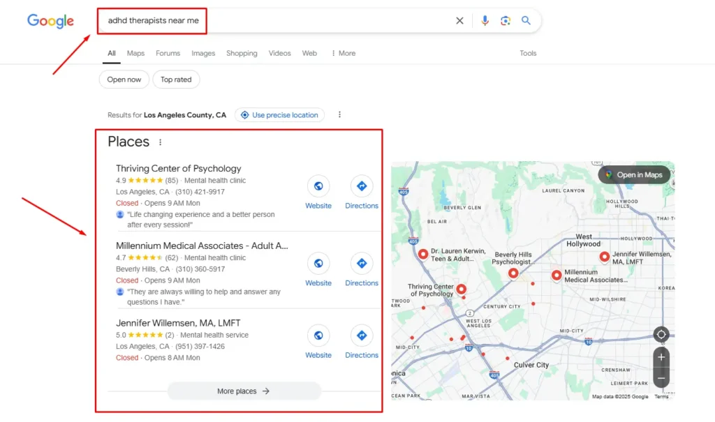 Google Search result therapists near me screenshots