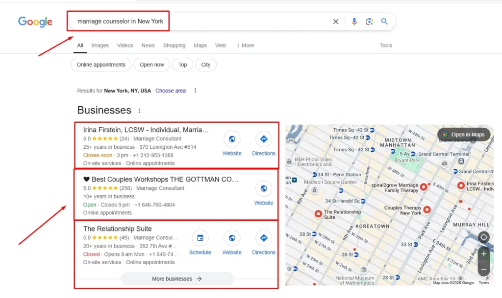 Competitor analysis for marriage counselor in New York screen